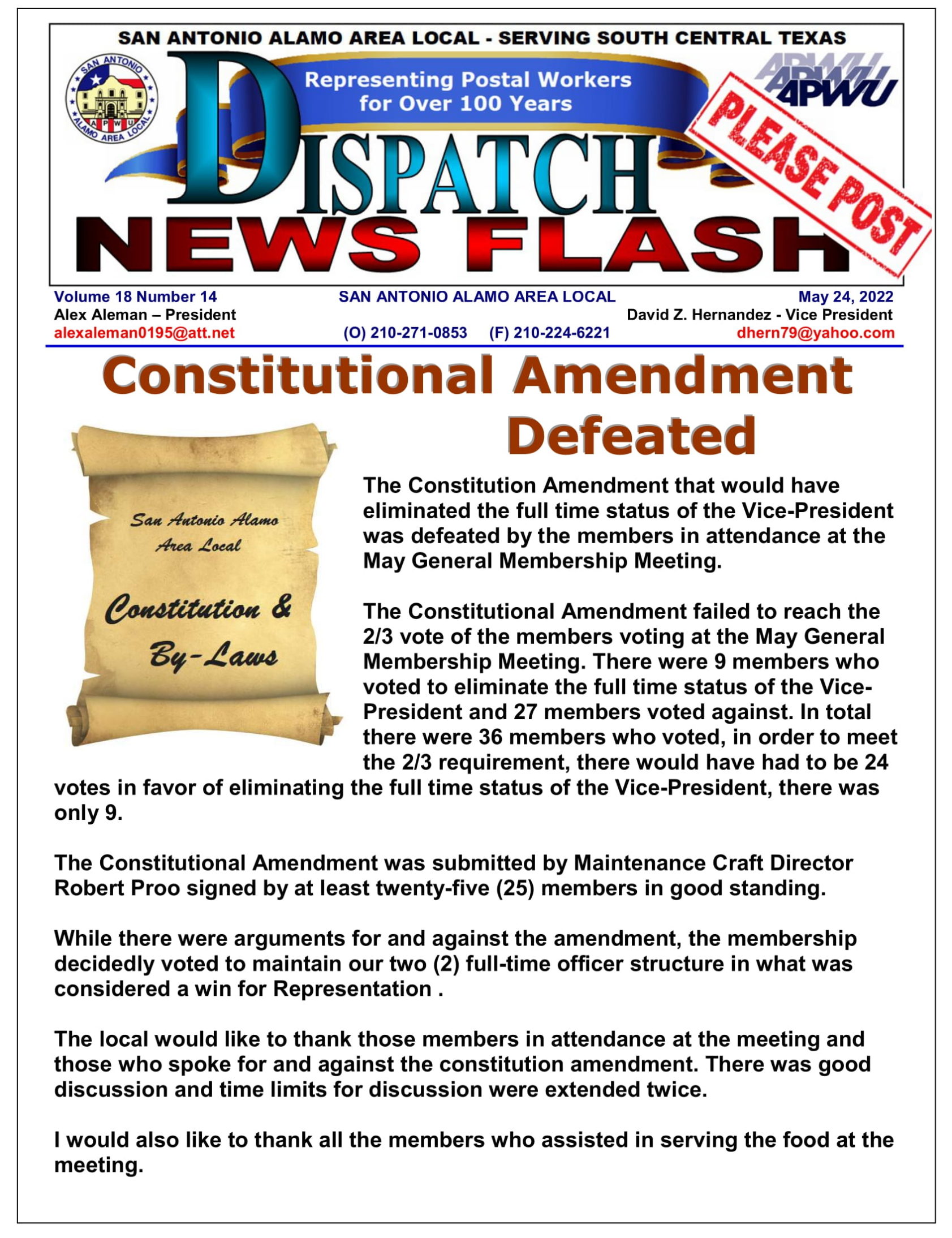 Constitutional Amendment Defeated - 