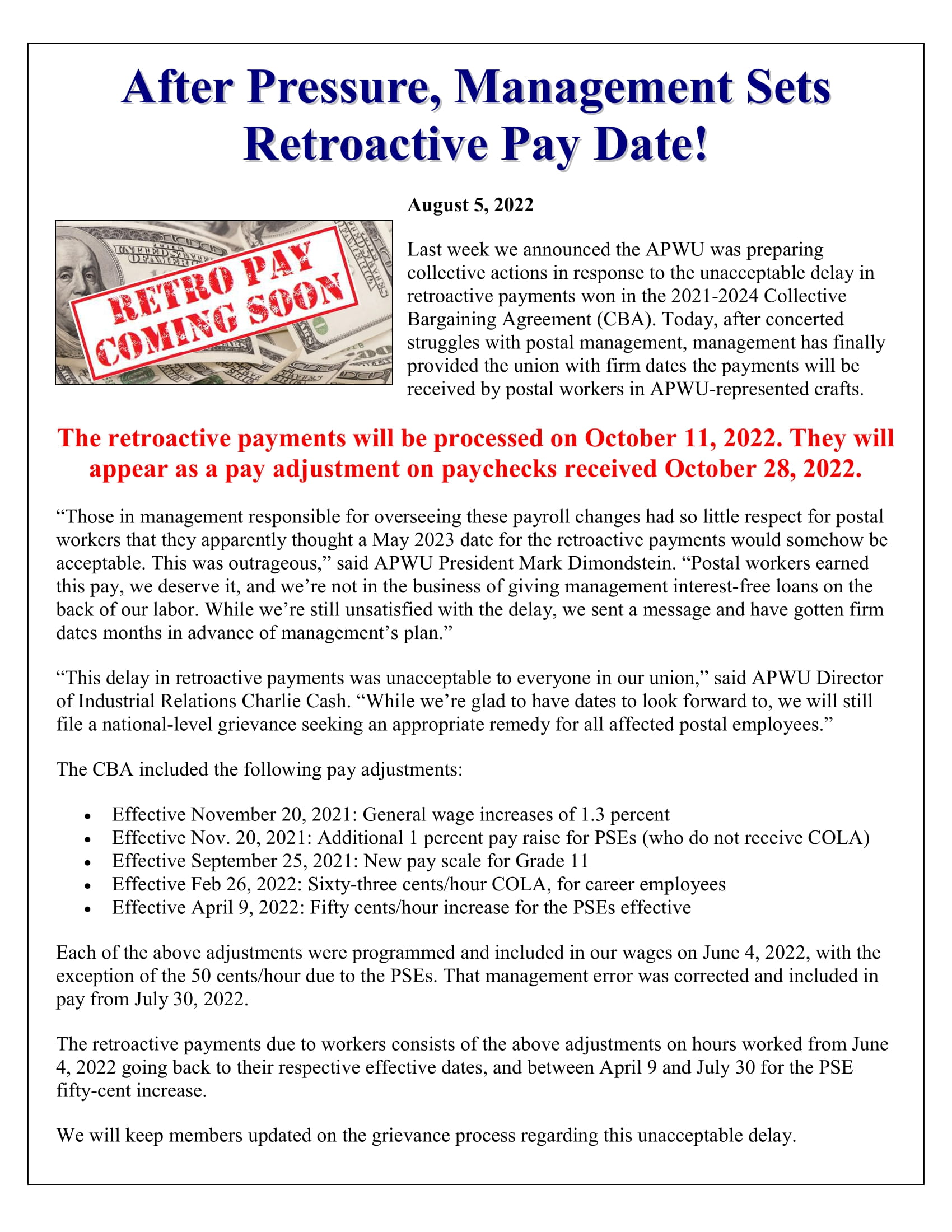 Retroactive Pay APWU