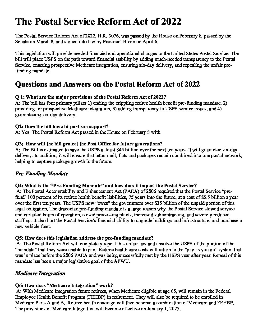 Postal Service Reform Act 2022 - 