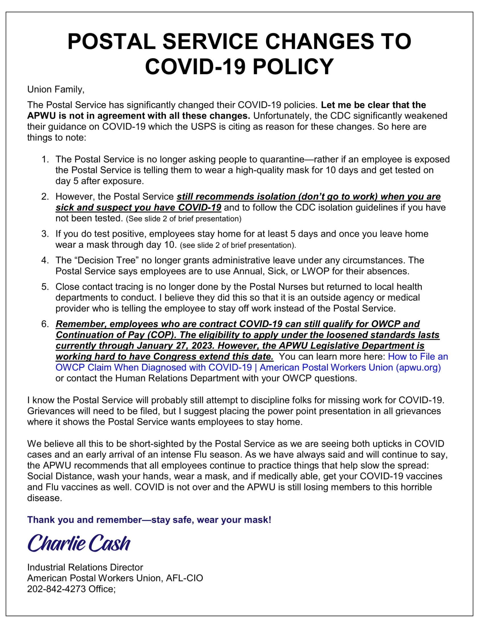 Changes to the USPS Covid-19 Policy - 