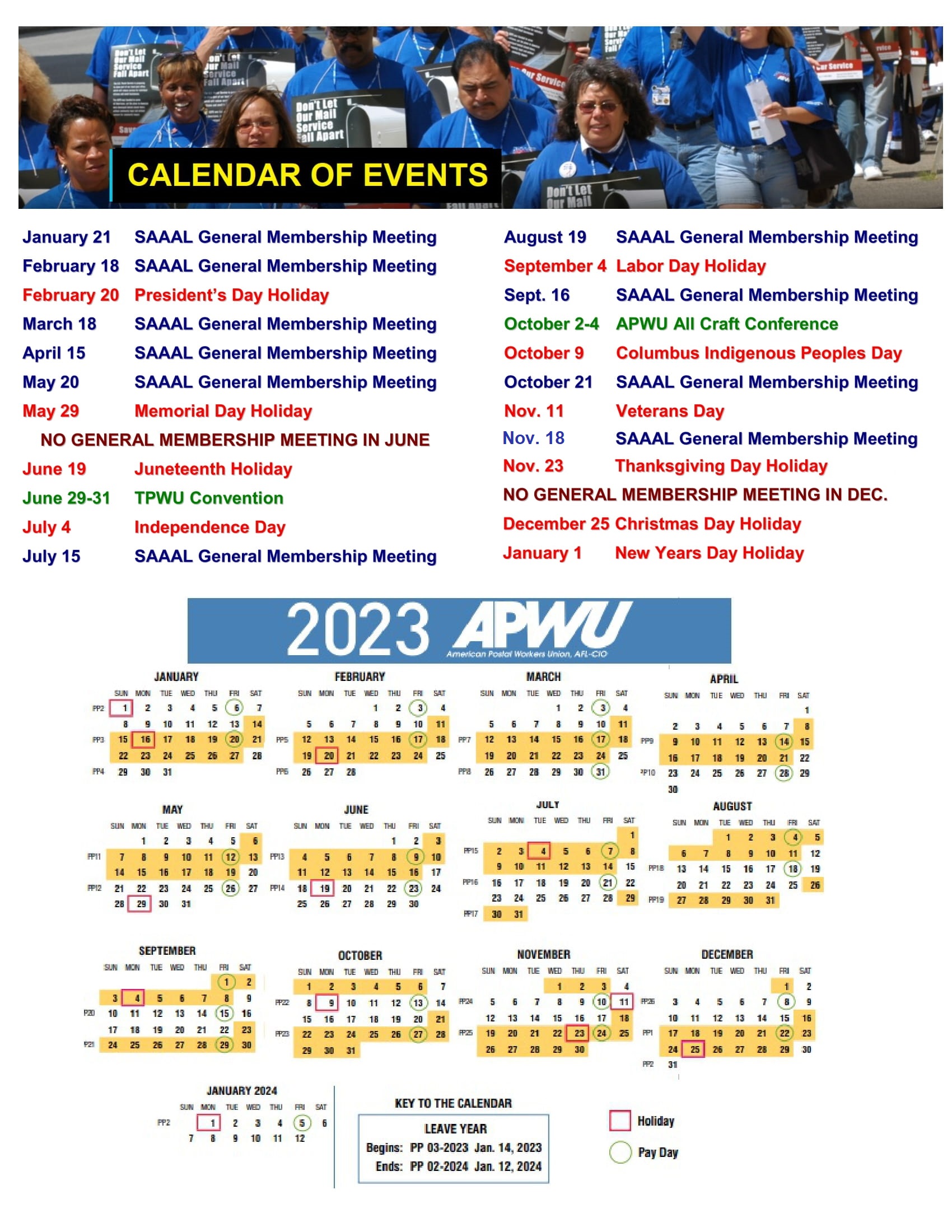 Calendar of Events APWU