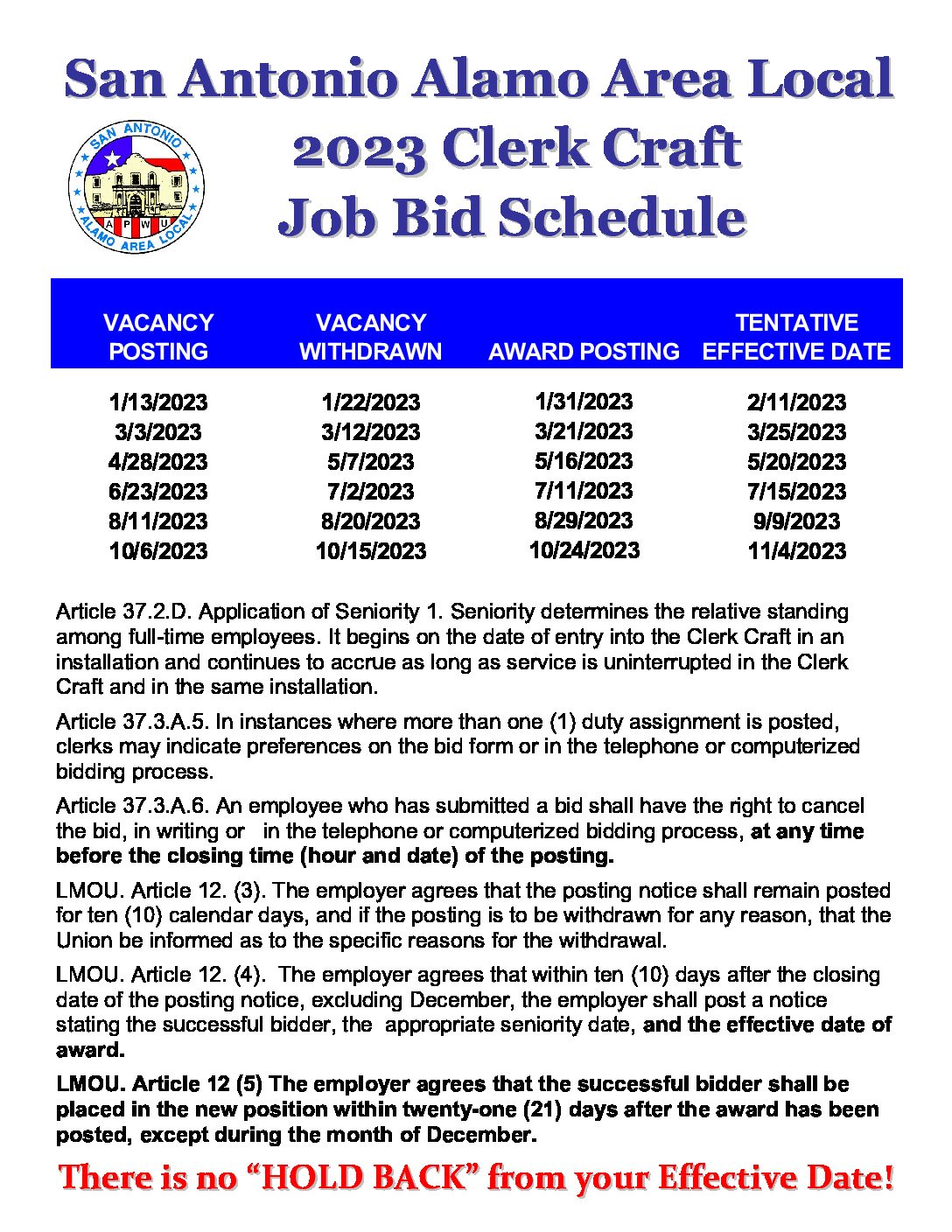 2023 Clerk Craft Job Bid Schedule - 