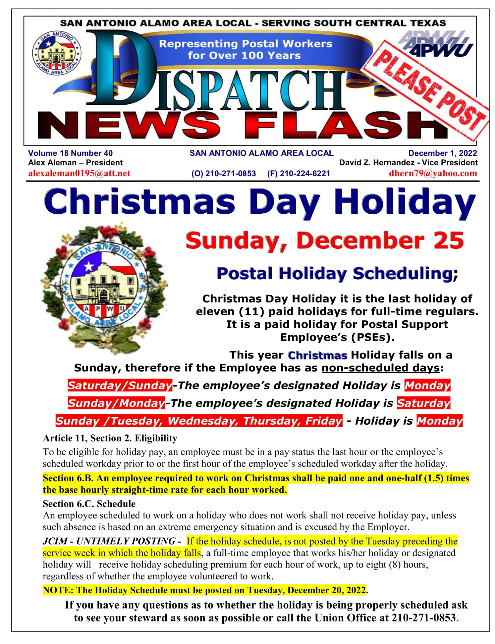 NewsFlash 18-40 – Christmas Holiday Scheduling - 