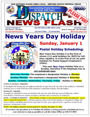 NewsFlash 18-41 – New Year’s Day Holiday Scheduling - 