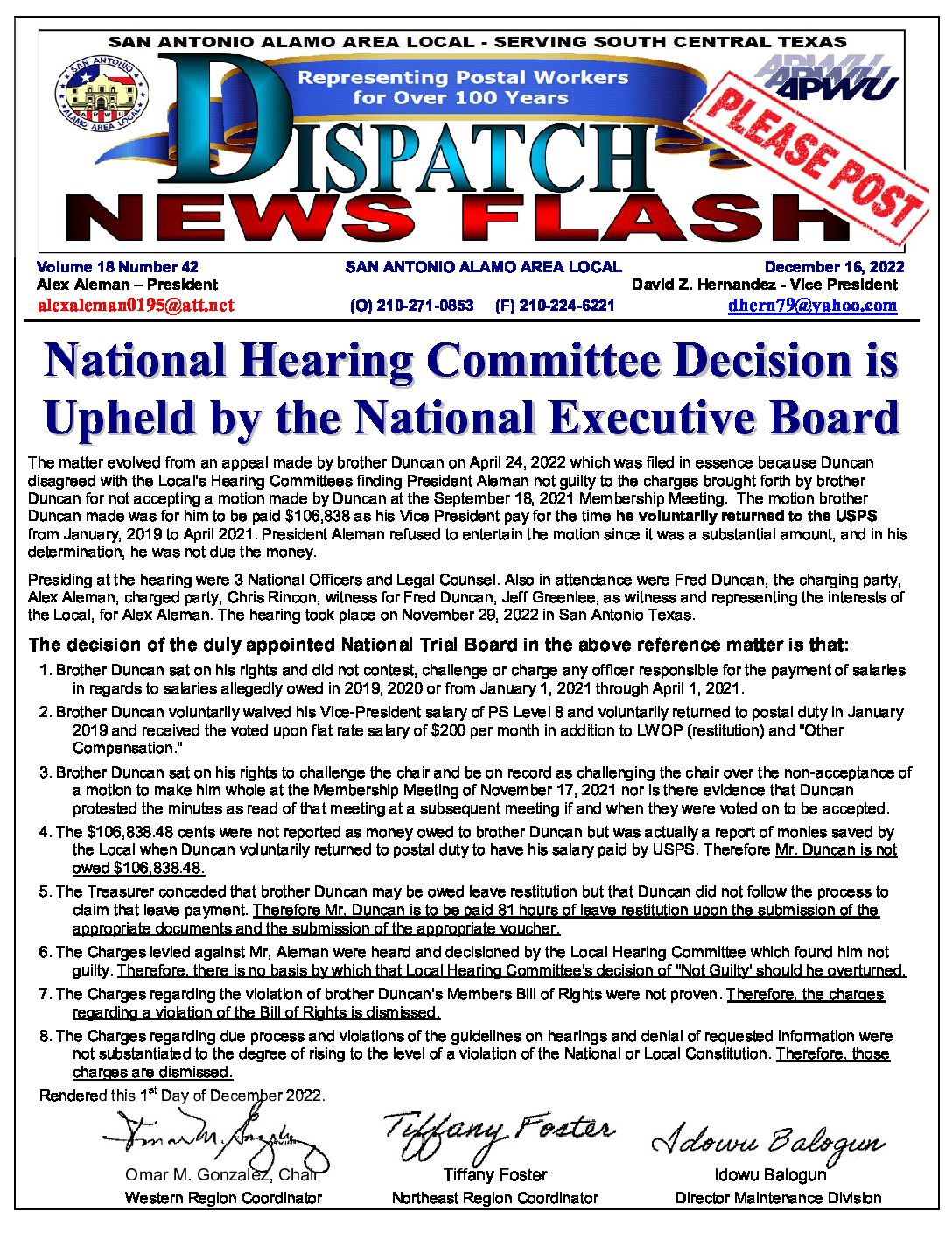 NewsFlash 18-42 – National Hearing Committee Decision - 