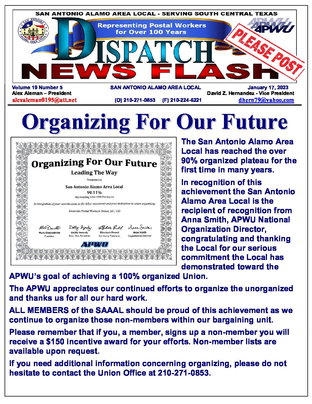 NewsFlash 19-5 Organizing For Our Future Award - 