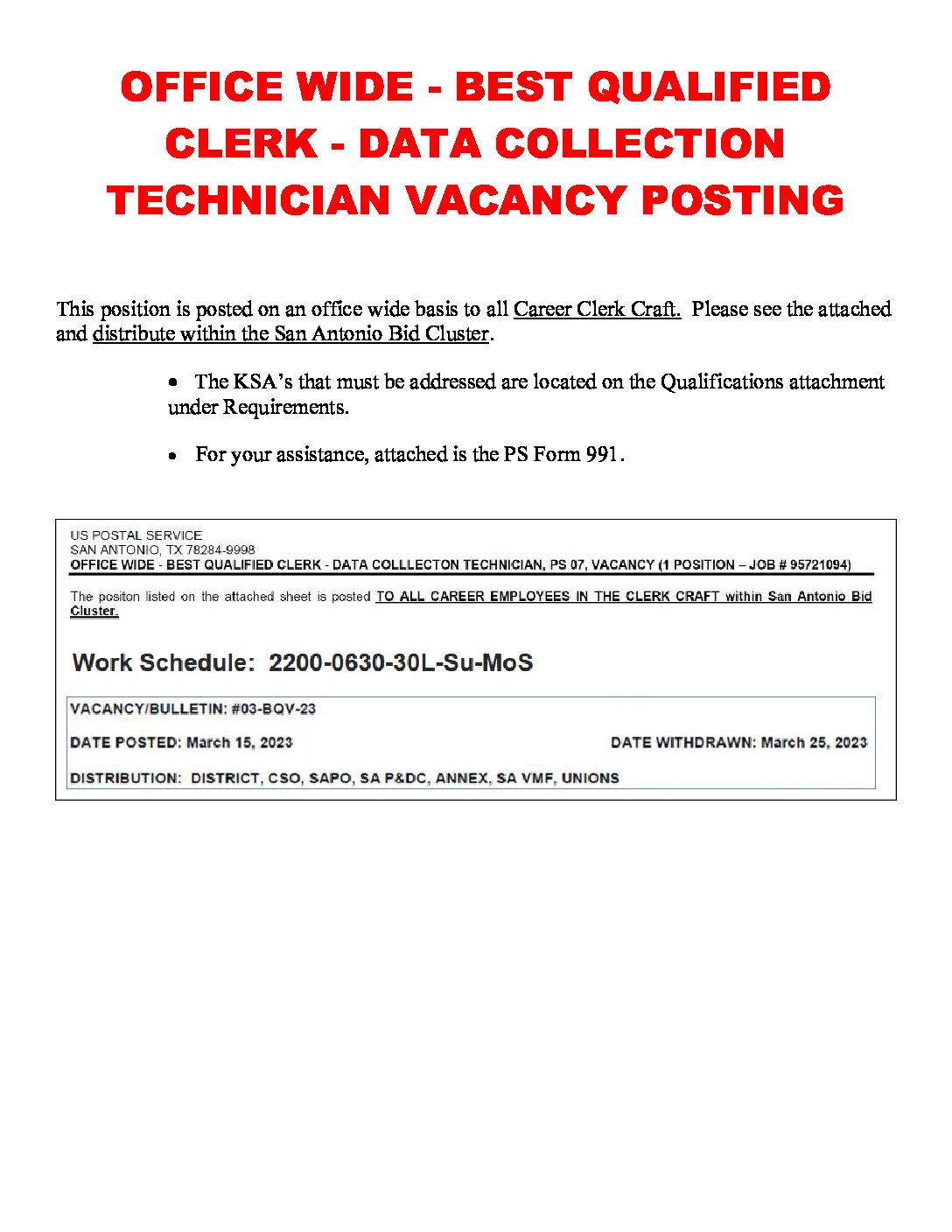 Clerk Craft – Best Qualified Data Collection Tech Vacancy Posting - 