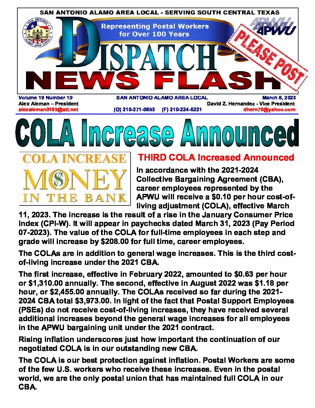 NewsFlash 19-10  COLA Increase Announced - 