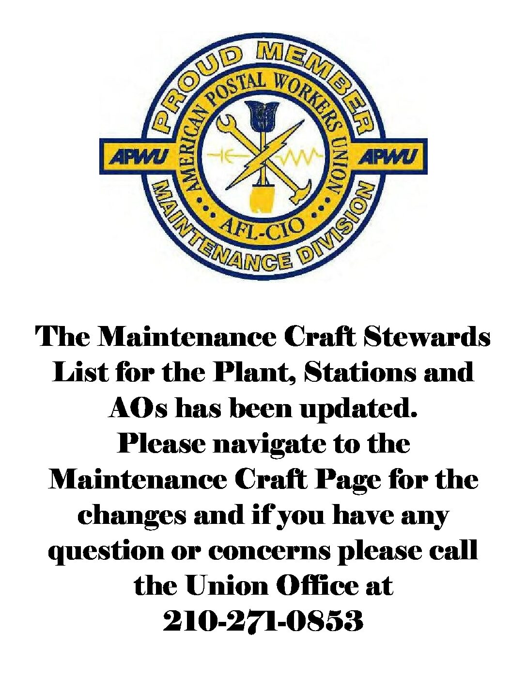 Maintenance Craft Stations/AOs Steward List Updated - 