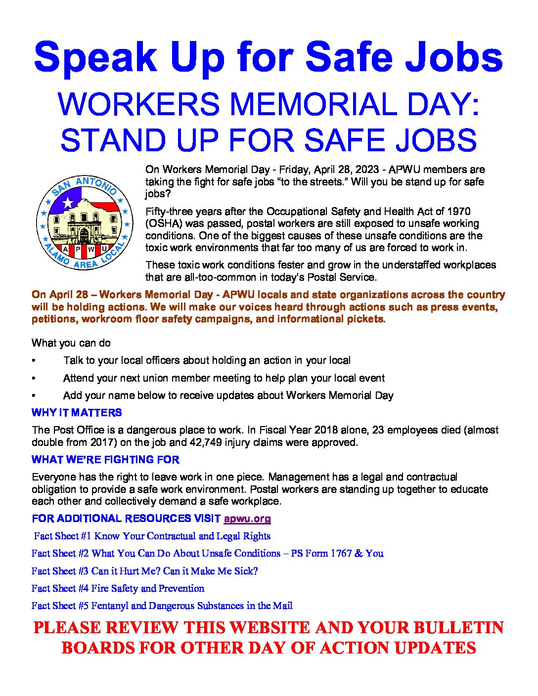 WORKERS MEMORIAL DAY: STAND UP FOR SAFE JOBS - 