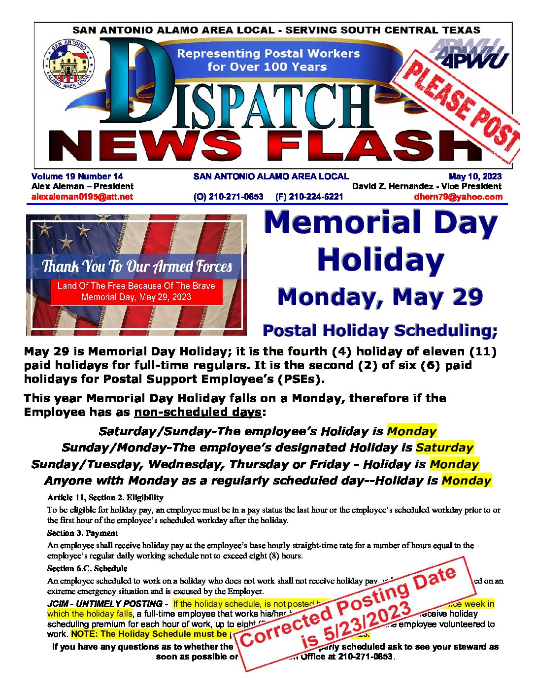 CORRECTED Memorial Day Holiday Scheduling - 