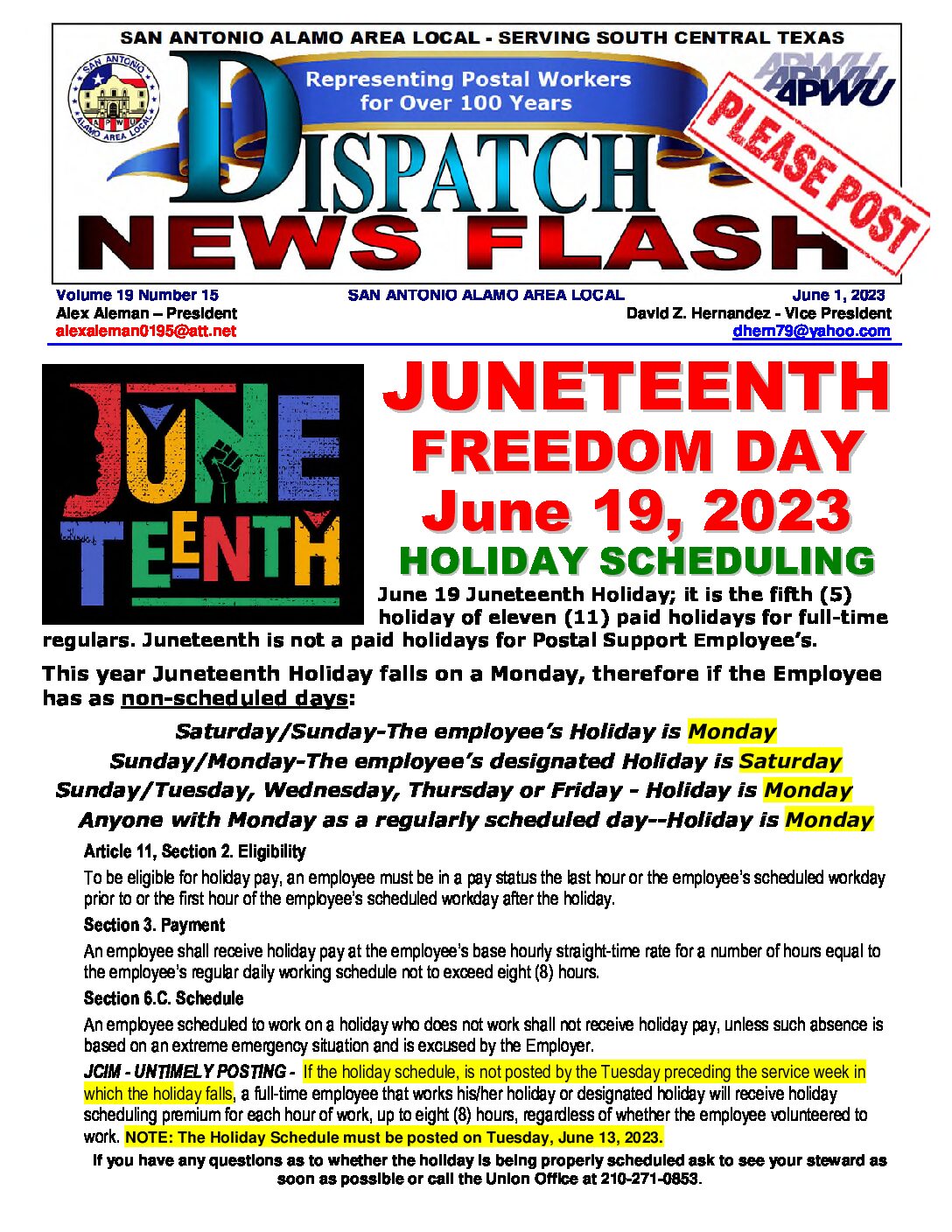 NewFlash 19-15 Juneteeth Holiday Scheduling - 