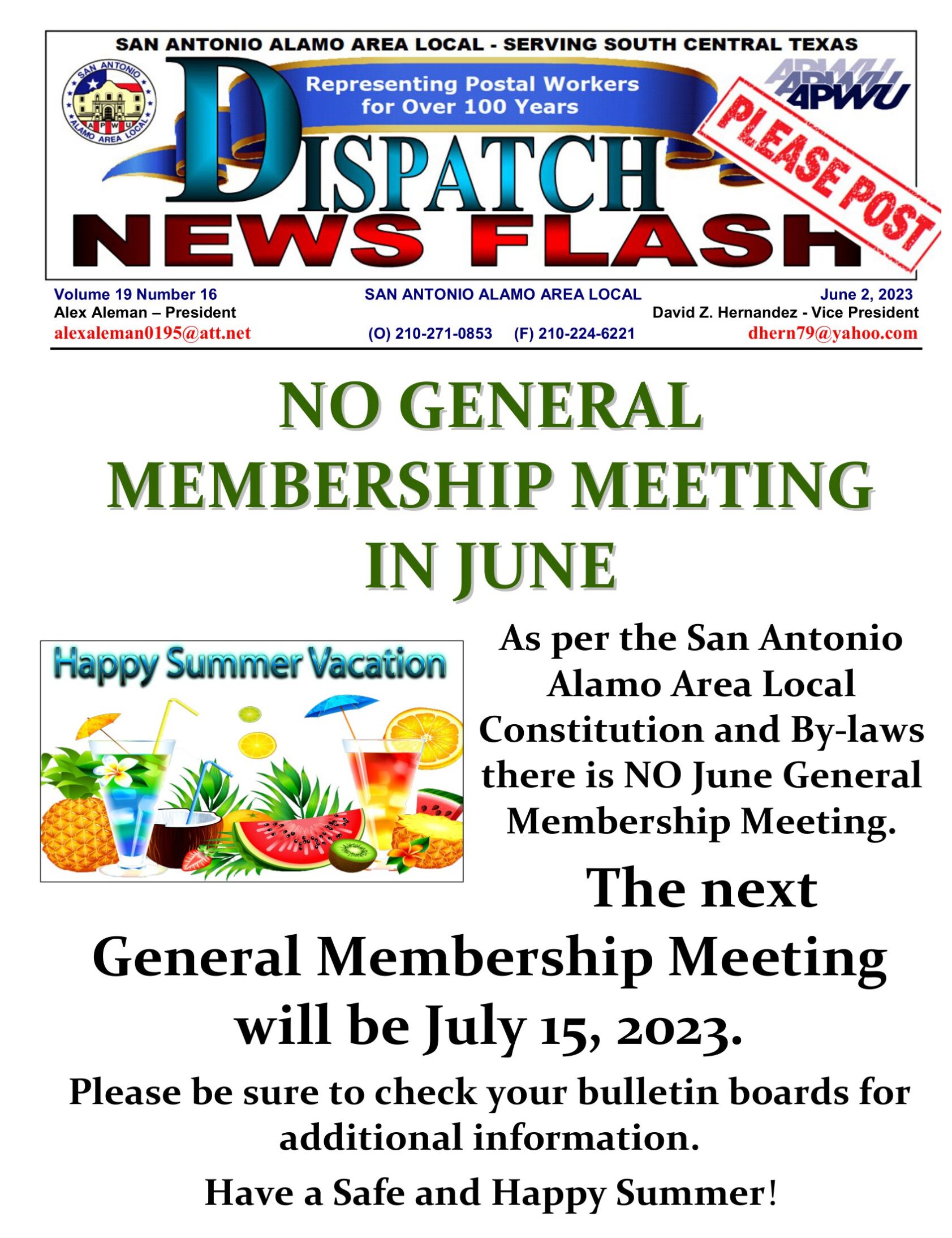 NewsFlash 19-16 No Membership Meeting in June - 