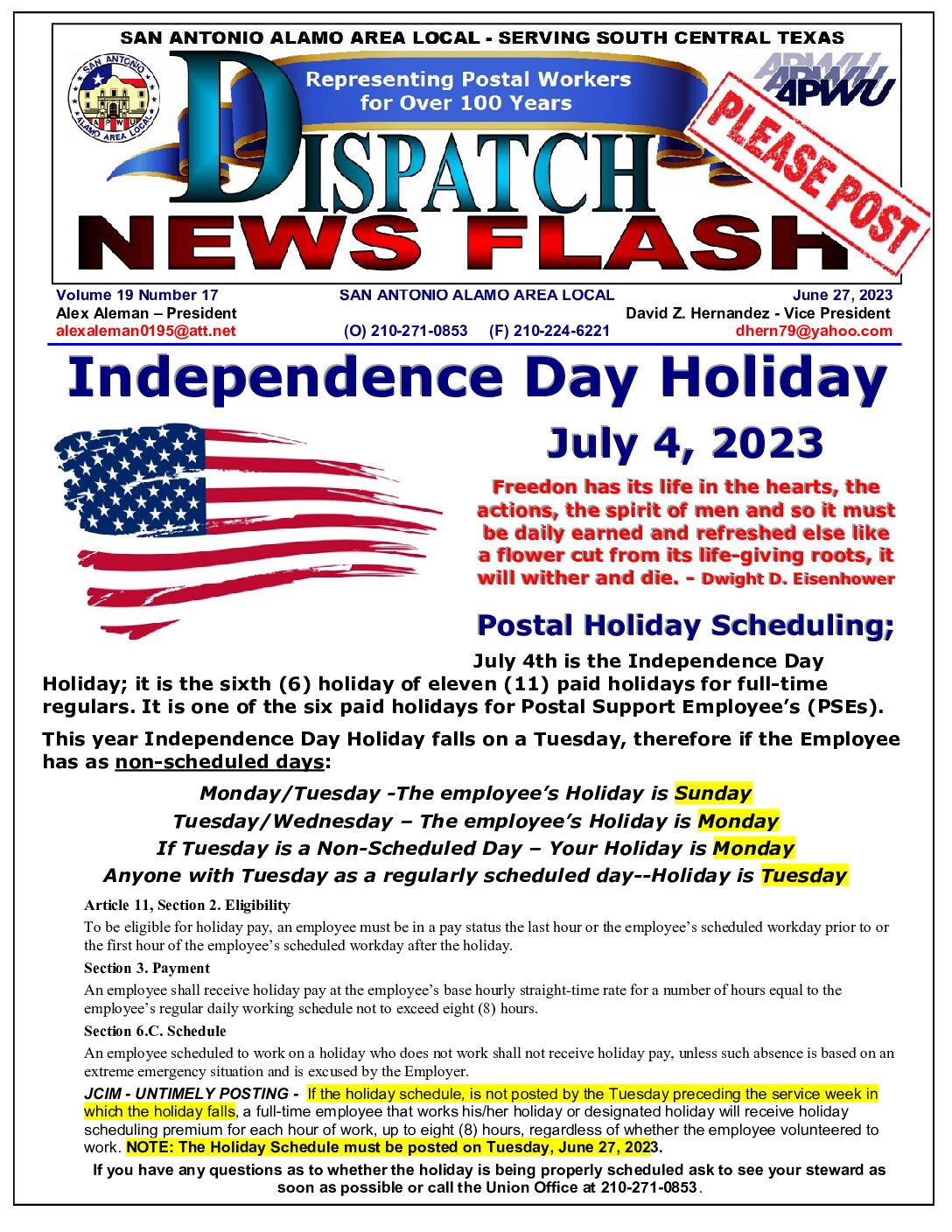 NewsFlash 19-17 July 4th Holiday Scheduling - 