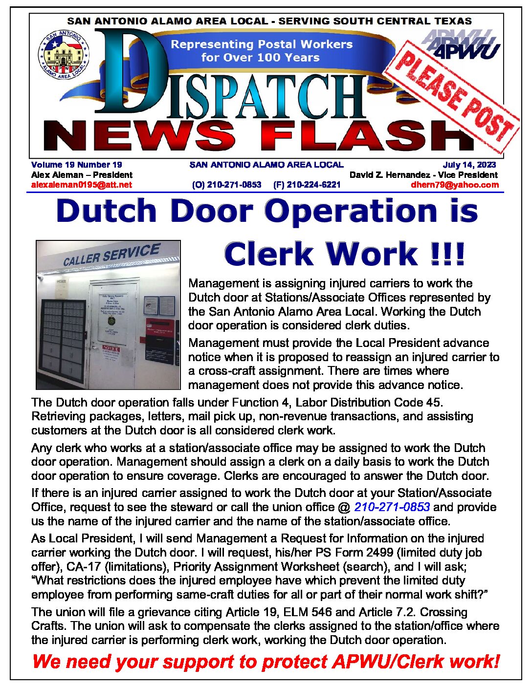 NewFlash 19-19 Dutch Door Operation is Clerk Work - 