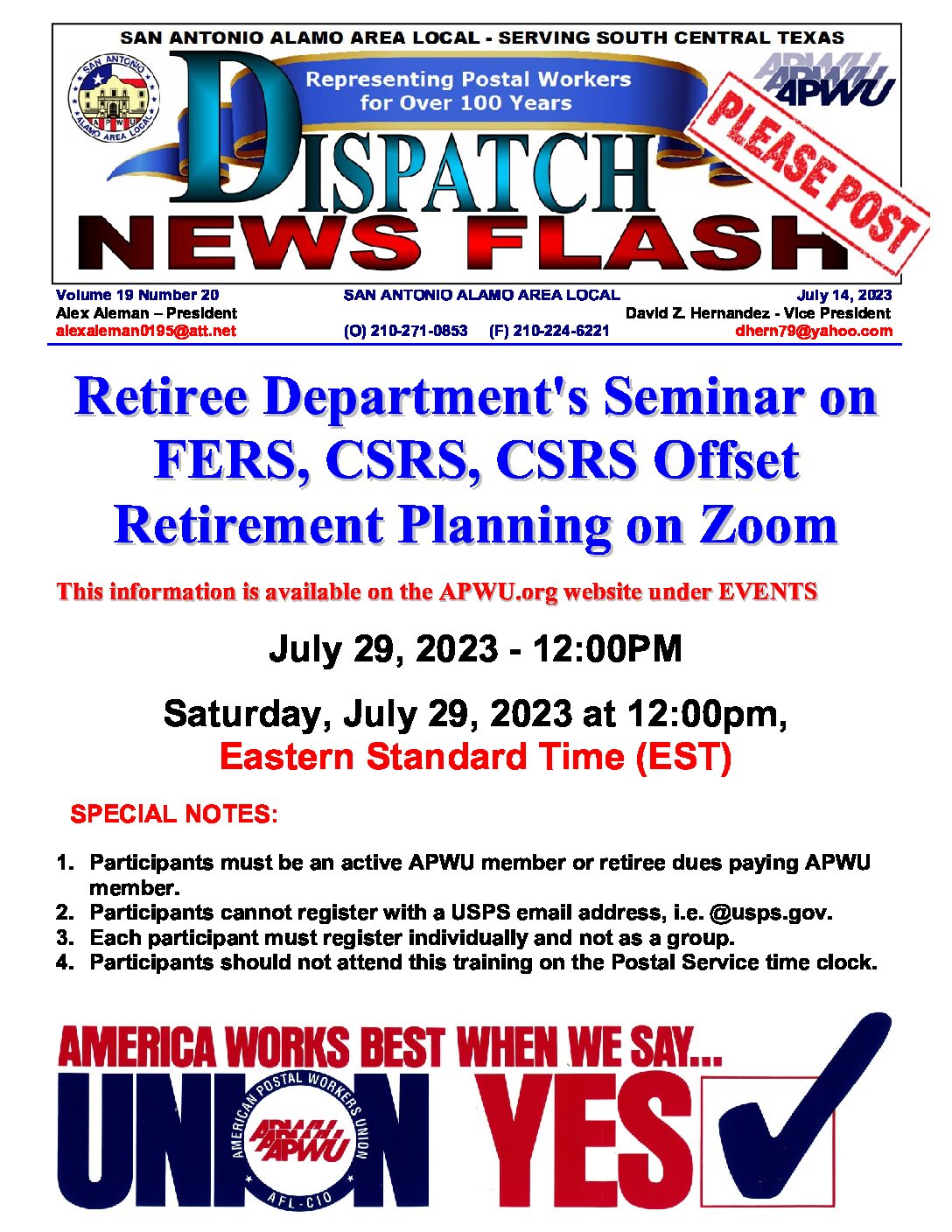 NewsFlash 19-20 APWU Retirement Seminar (Zoom) - 