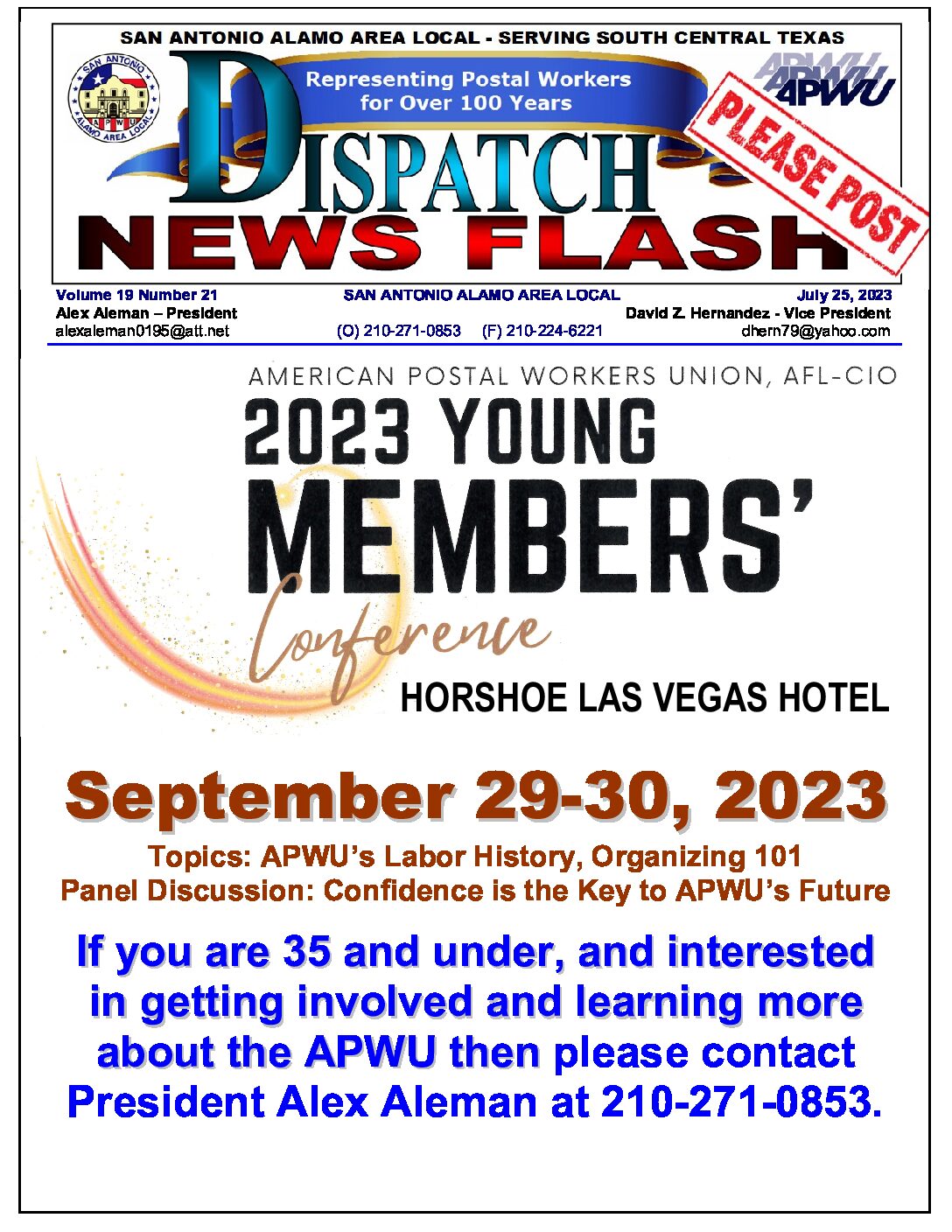 NewsFlash 19-21 APWU Young Members Conference - 