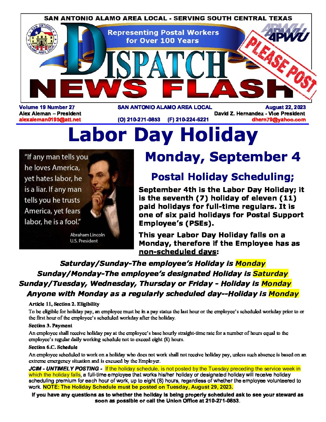 NewsFlash 19-27 Labor Day Holiday Scheduling - 