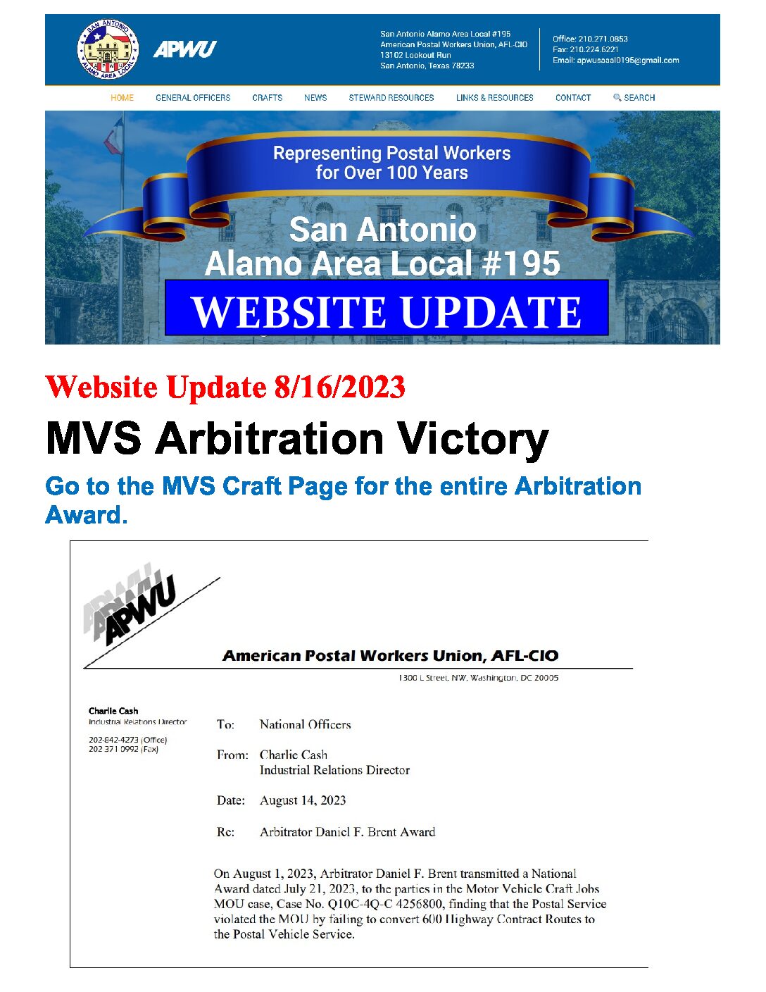 MVS AWARD – Mgmt Failed to Convert 600 MVS Driver Positions - 