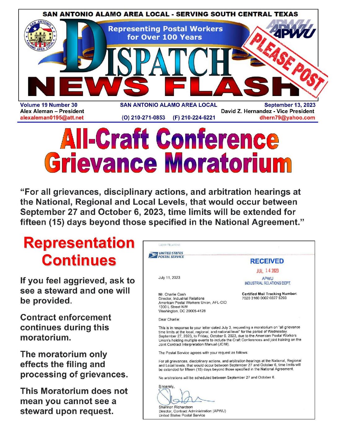 NewsFlash 19-30 All Craft Conference Grievance Moratorium - 