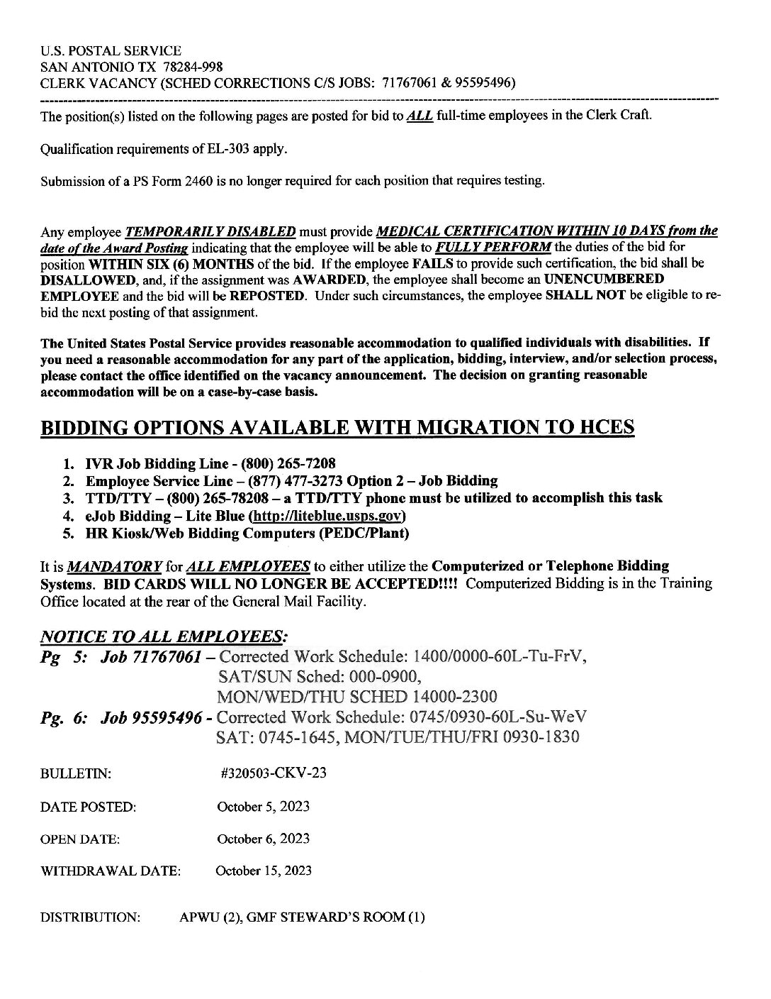 Clerk Craft Job Vacancy Bulletin 10/5/23 - APWU