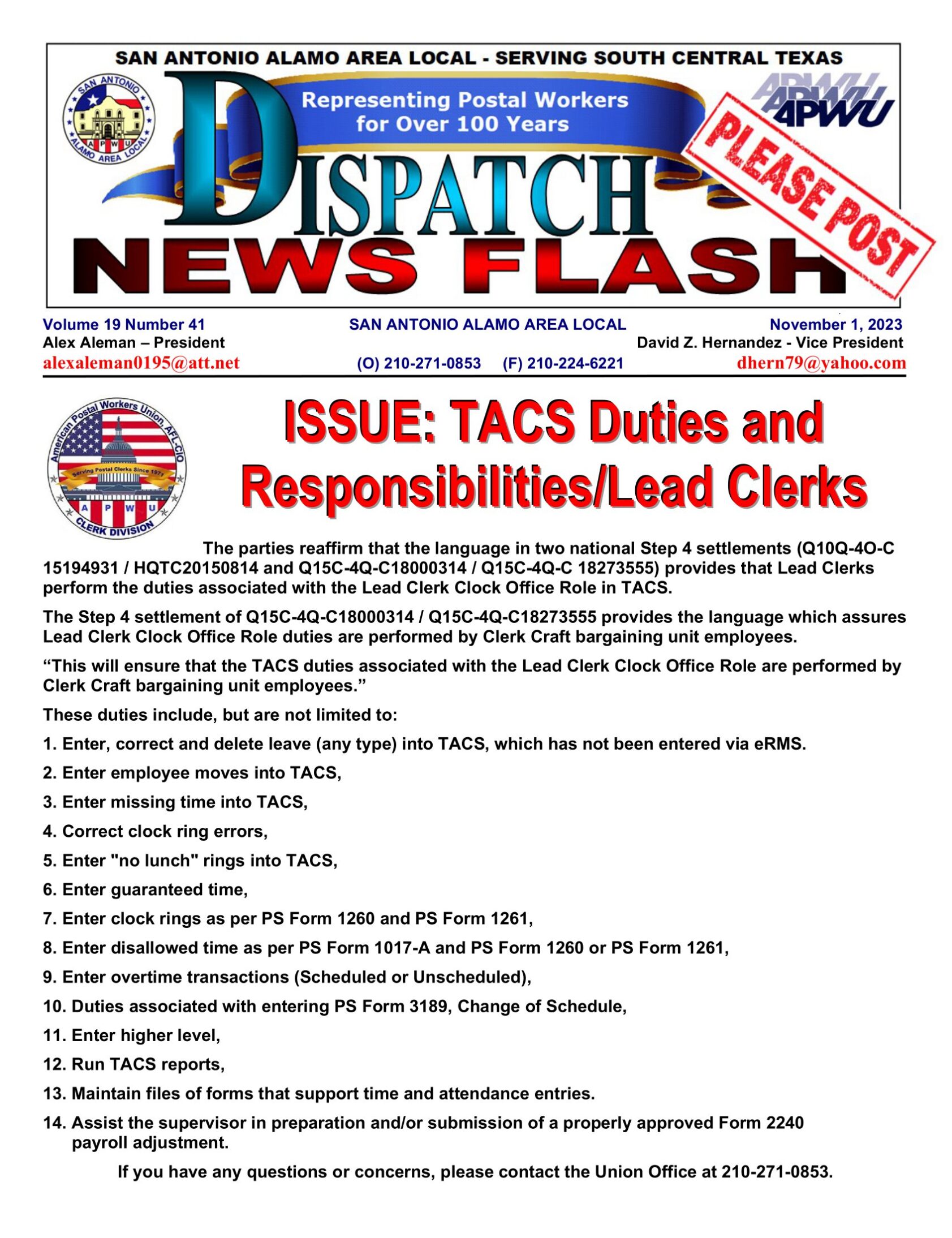 NewsFlash 19-41 TACS Duties Lead Clerks - 