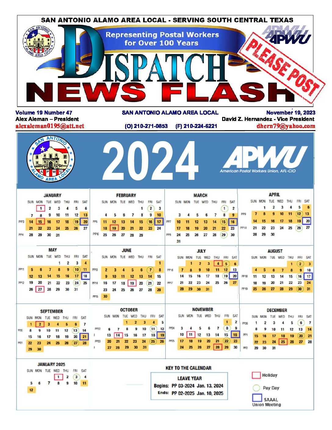 NewsFlash 19-47 2024 APWU Leave Year Calendar - 
