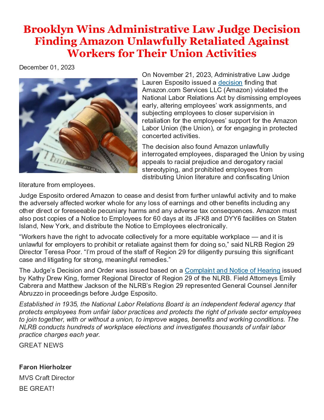 Judge Decision-Amazon Retaliated Against Workers for Their Union Activities - 