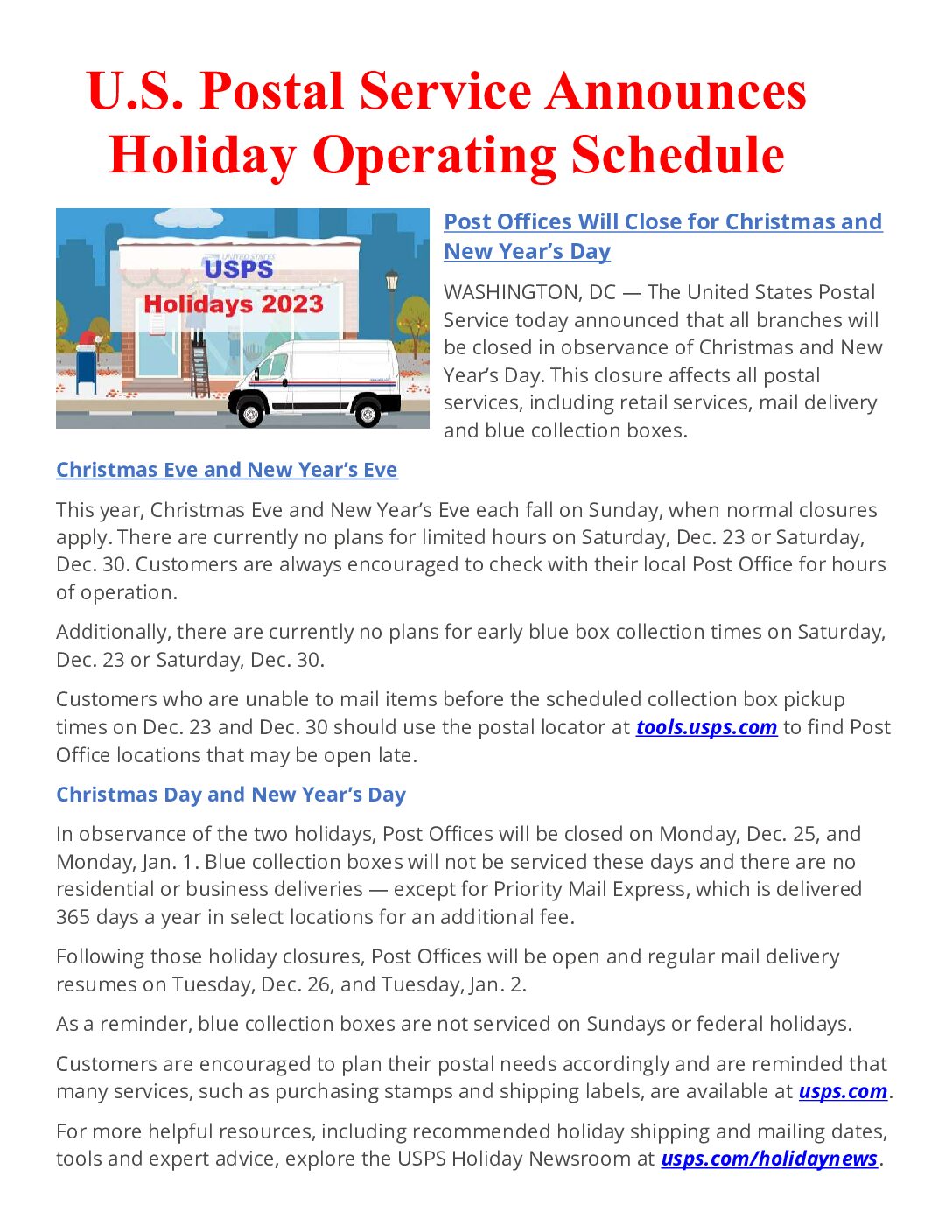 USPS Holiday Operating Hours - 