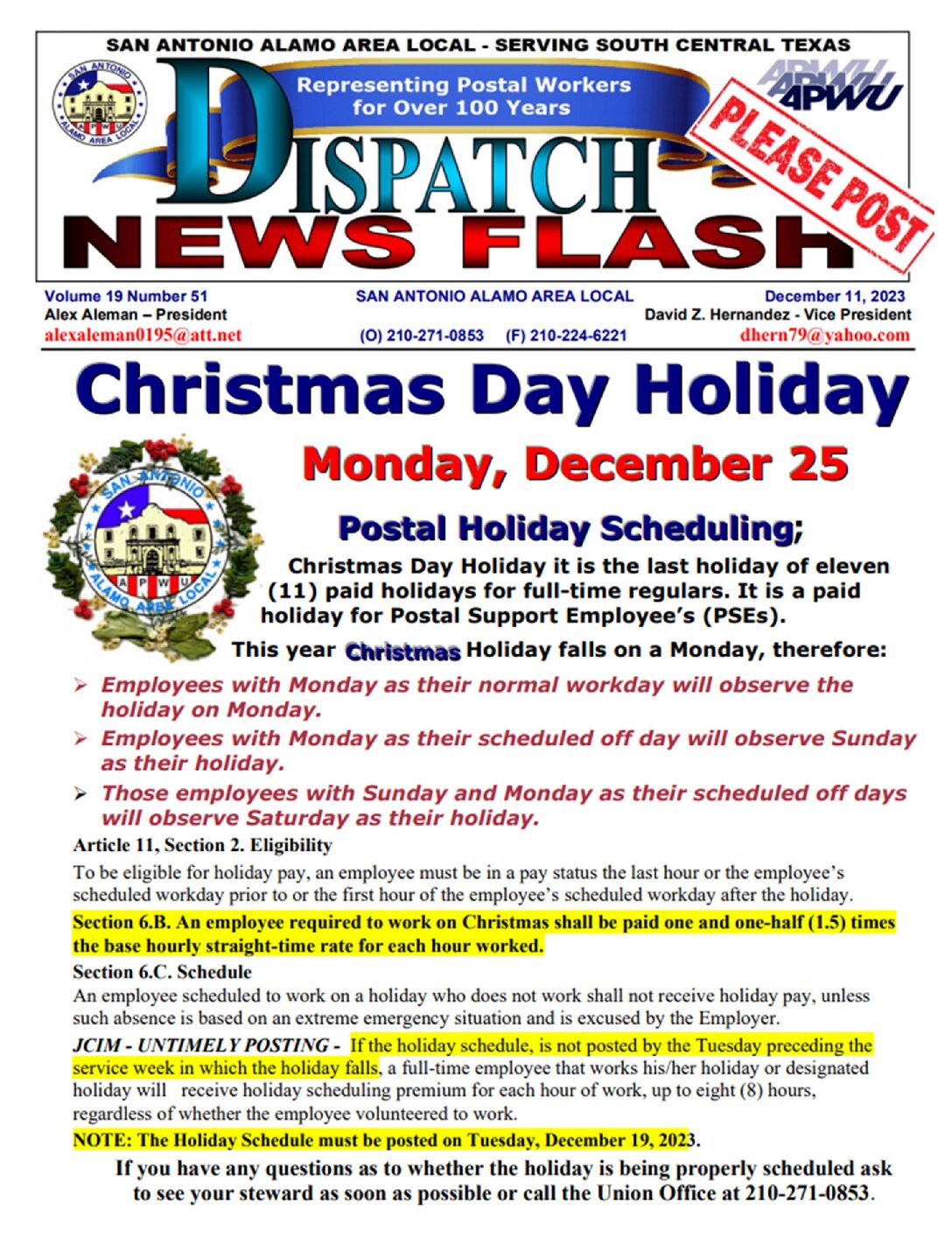 NewsFlash 19-51 Christmas Holiday Scheduling - 