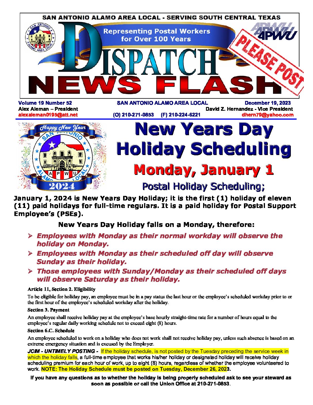 NewsFlash 19-52 New Years Day Holiday Scheduling - 