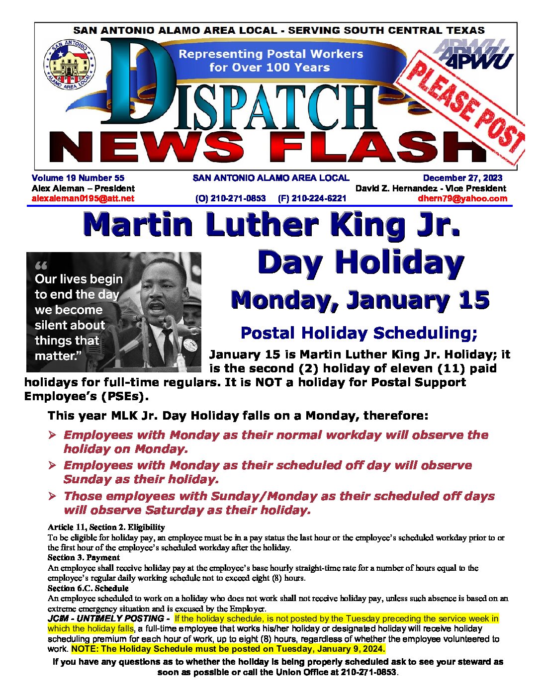 NewsFlash 19-55 MLK Jr. Day Holiday Scheduling - 