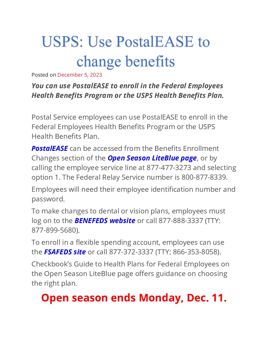 USPS: Use PostalEASE to change benefits - 