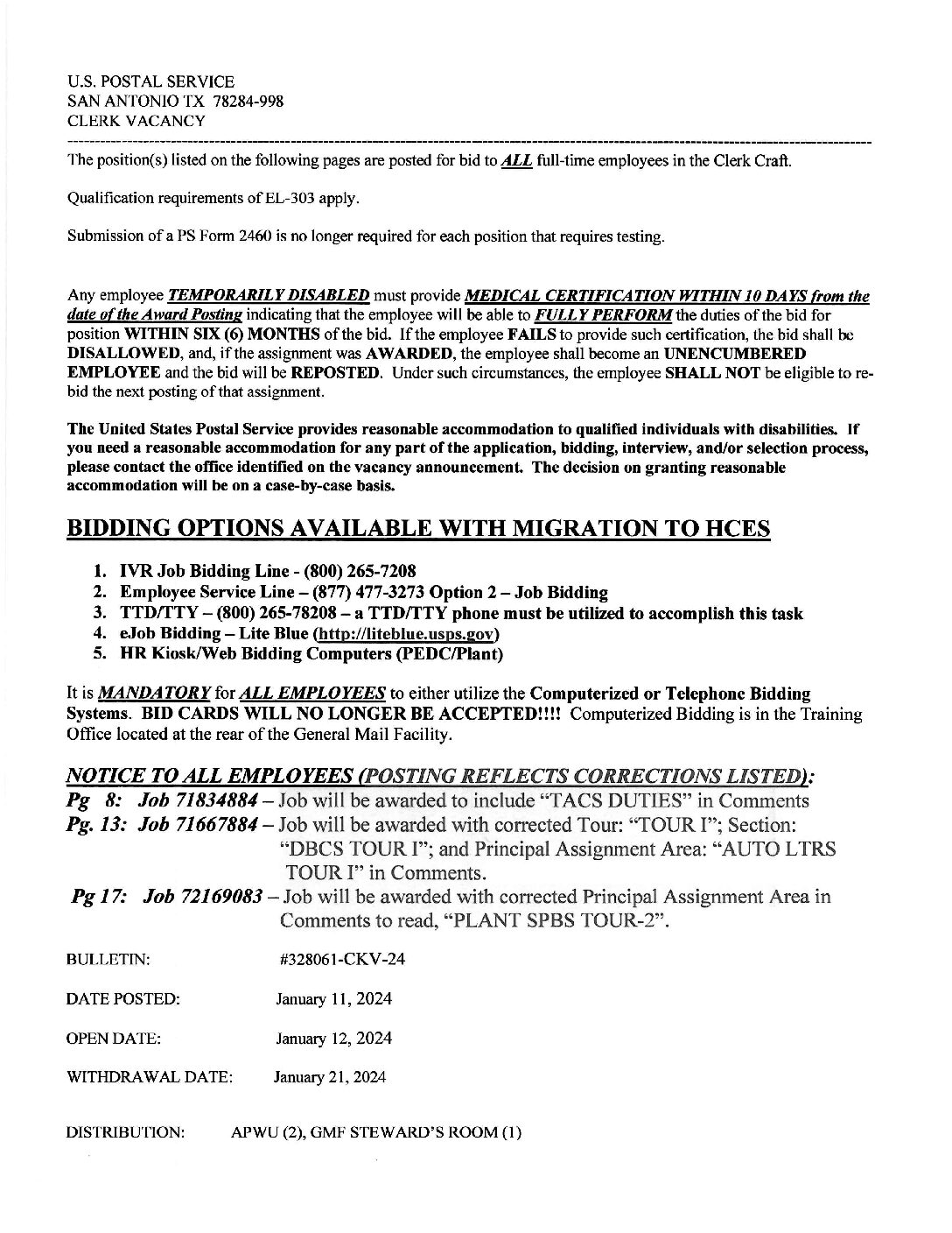 E-Flash Clerk Job Vacancy Bulletin 1/11/2024 - 