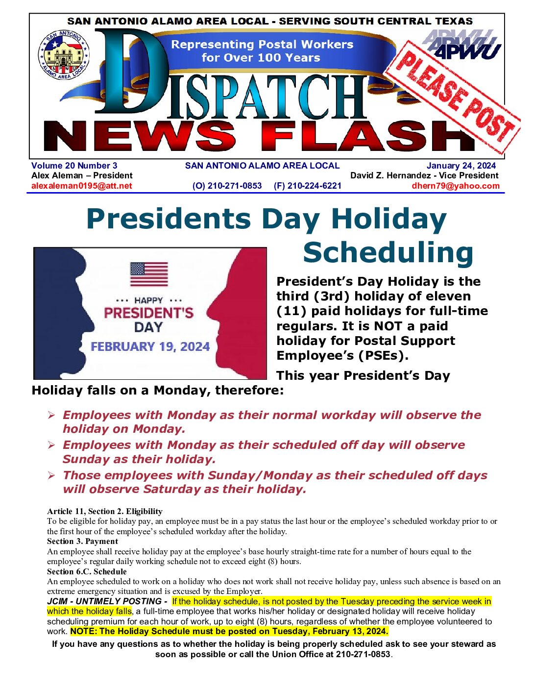 NewsFlash 20-3 President’s Day Holiday Scheduling - 