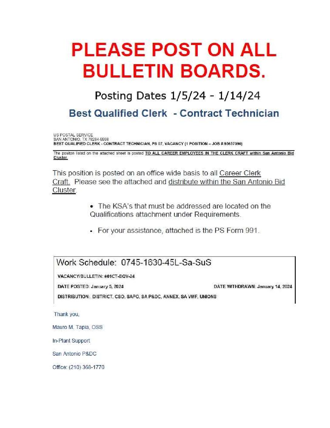 BQ Clerk Contract Technician Posting 1/5/24 - 