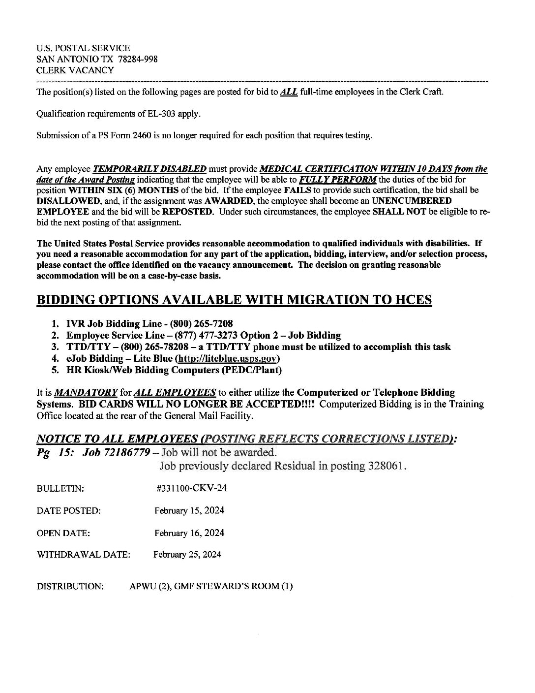 E-Flash Clerk Job Vacancy Bulletin 2/16/2024 - 