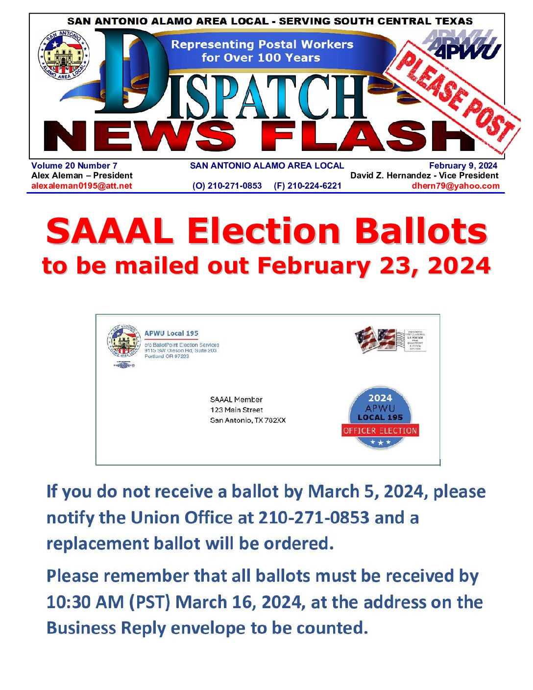 NewsFlash 20-7  SAAAL Election Ballots Mailed Soon - 