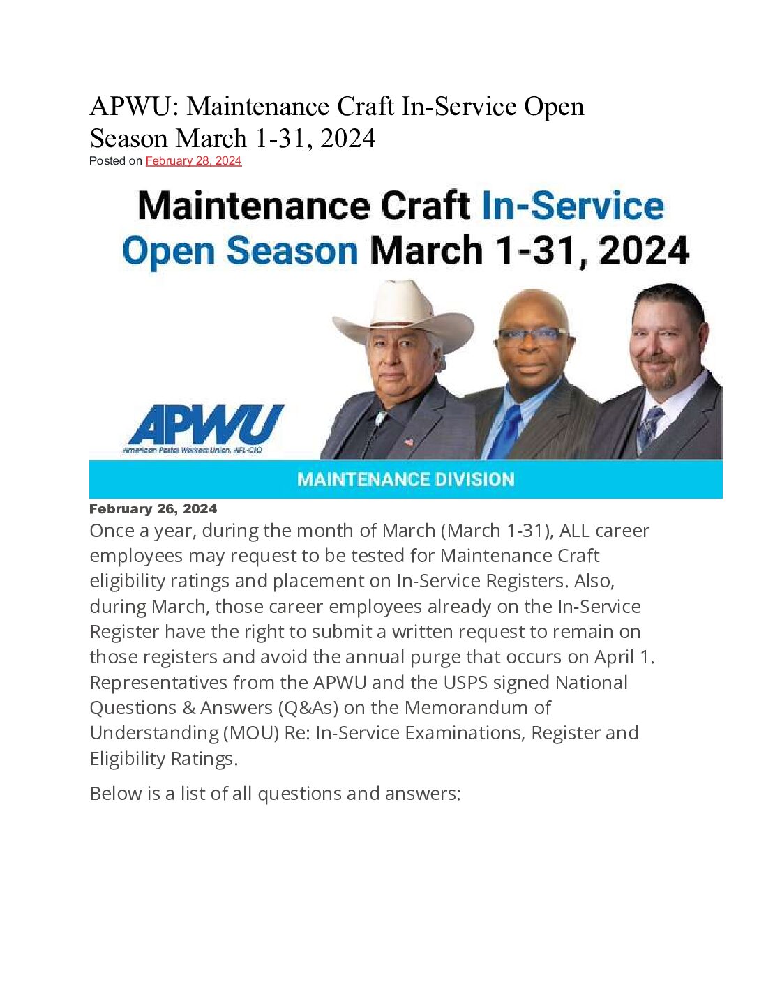 APWU Maintenance Craft In-Service Open Season March 1-31, 2024 - 