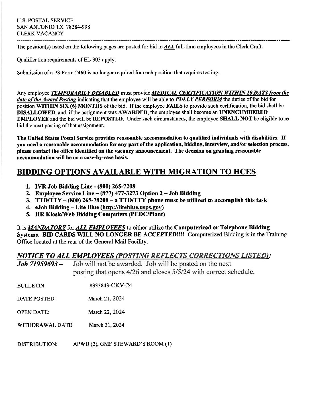 E-Flash Clerk Job Vacancy Bulletin 3/21/2024 - 