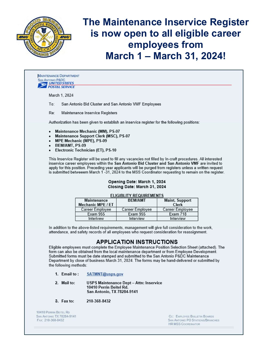 Maintenance In-Service Register March 1-31 - 