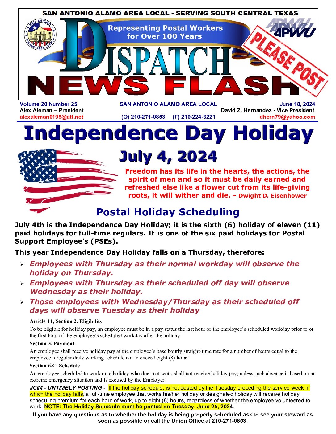 NewsFlash 20-25 Independence Day Holiday Scheduling - 