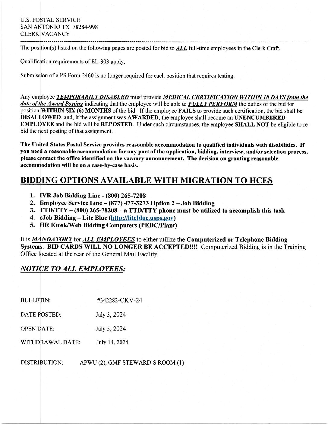 E-Flash Clerk Job Vacancy Bulletin 7/5/2024 - 