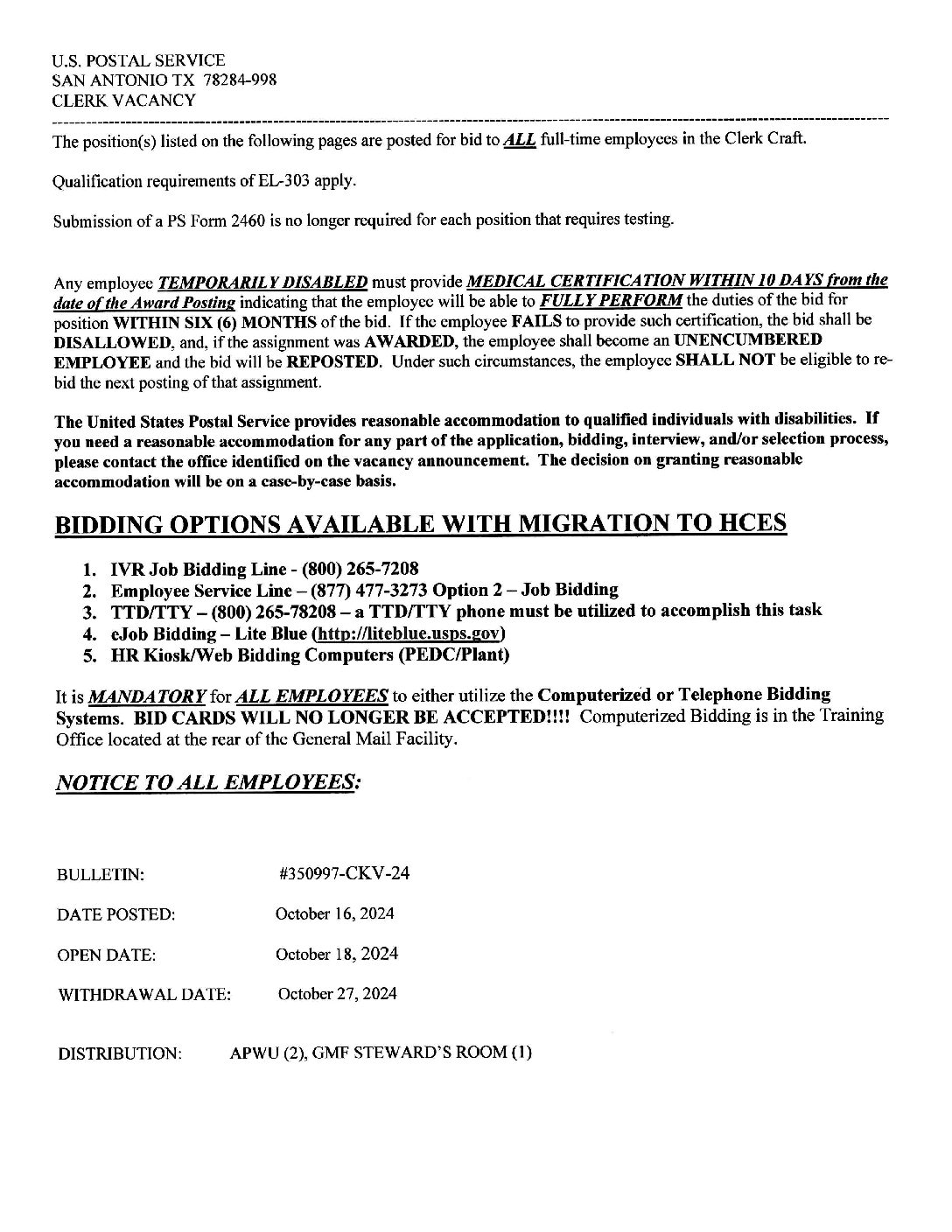 E-Flash Clerk Job Vacancy Bulletin 10/16/2024 - 