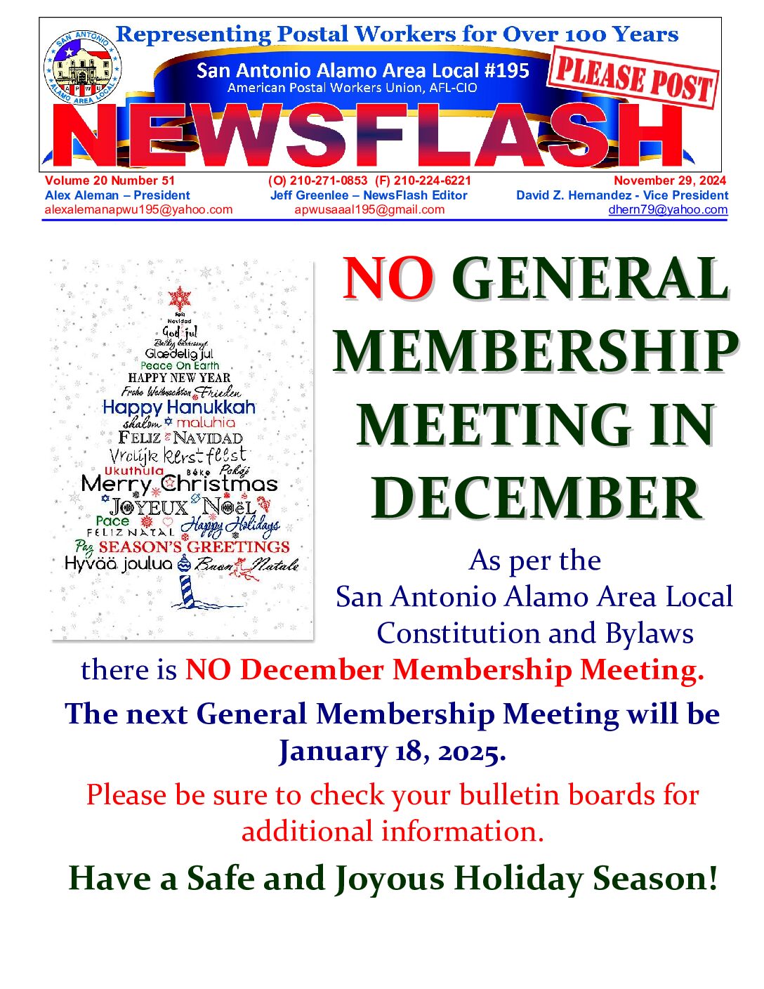 NewsFlash 20-51 NO General Membership Meeting in December - 