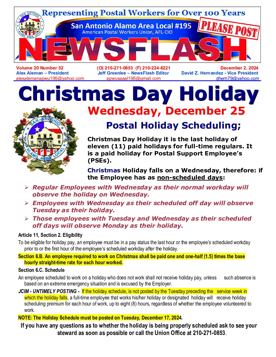 NewsFlash 20-52 Christmas Holiday Scheduling - 