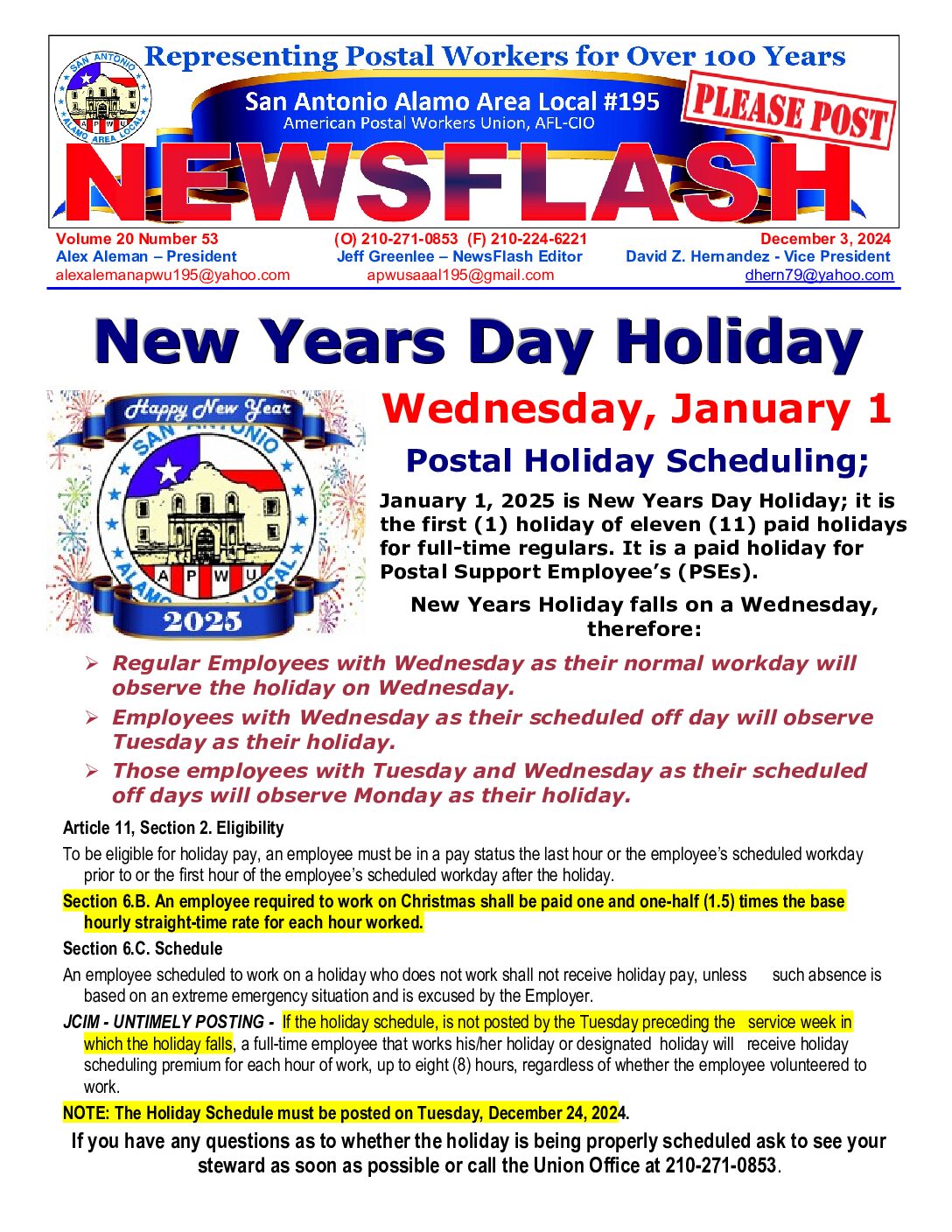 NewsFlash 20-53 News Years Holiday Scheduling - 