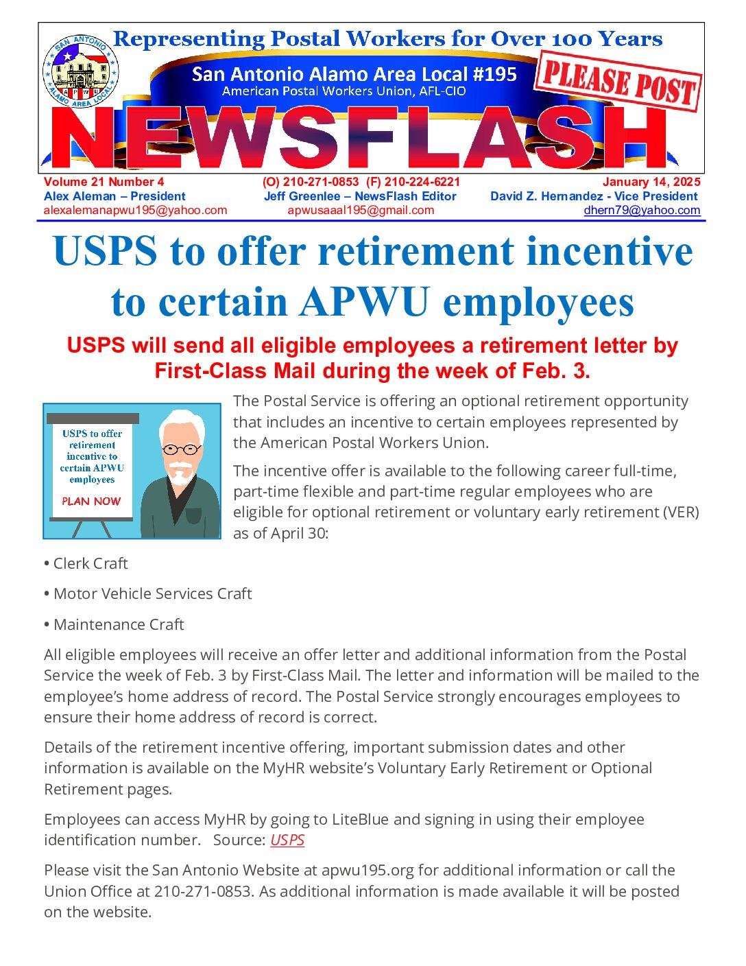 NewsFlash 21-4 USPS to Offer Early Retirement - 