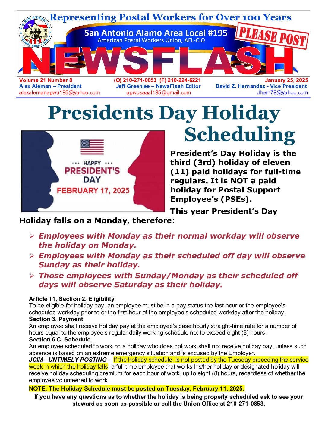 NewsFlash 218 President's Day Holiday Scheduling APWU