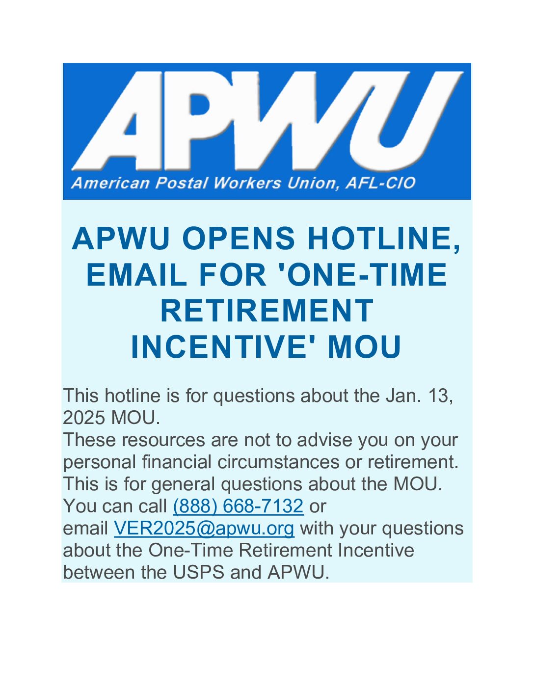 Retirement Incentive MOU Hotline - 